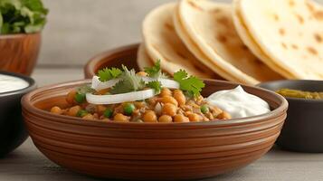 Delicious chickpea curry served in a bowl with naan and yogurt, garnished with onions and cilantro photo