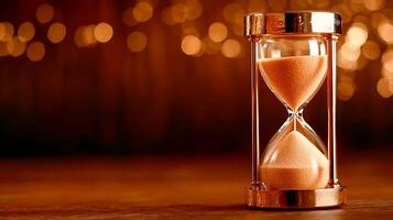 Elegant hourglass on a wooden table with a warm bokeh background, symbolizing time passing photo