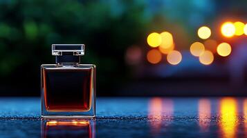 Elegant perfume bottle on a reflective surface with blurred lights in the background at dusk photo