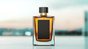 Elegant amber perfume bottle on a reflective surface with a blurred city skyline background photo