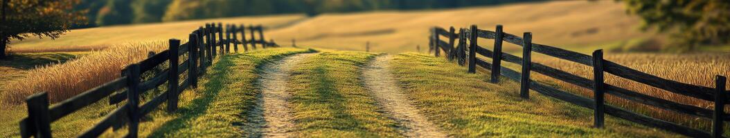 Dirt road winding through golden fields and rustic wooden fences at sunset photo
