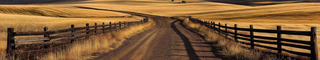 A dirt road leads to a fence in the middle of a field photo