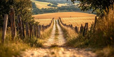 Dirt road winding through fields during golden hour in serene countryside photo