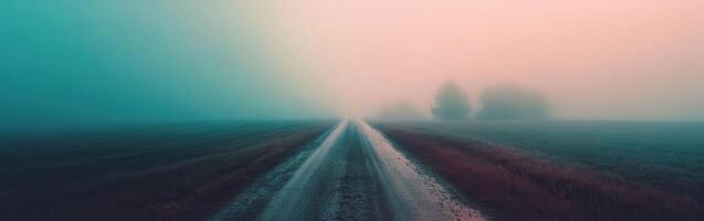 Dirt road winding through foggy landscape at dawn with blurred trees photo