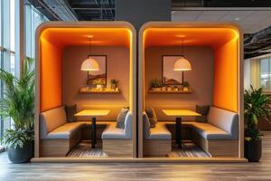 Modern office space offering comfortable seating booths for informal meetings and collaborative work photo