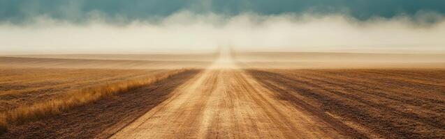 Dusty dirt road stretches into the horizon under a cloudy sky photo