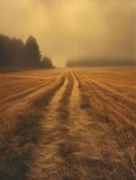 Dirt road winding through golden fields on a foggy morning photo