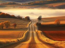 Beautiful dirt road winding through autumn landscape at dawn photo