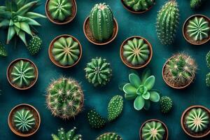 Potted cacti and succulents arranged on a teal background, creating a visually appealing pattern photo