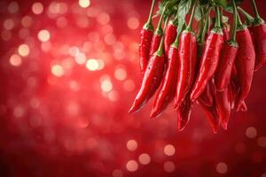 Red chili peppers hanging on a red bokeh background photo