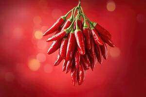Red chili peppers hanging on branch with blurred background photo