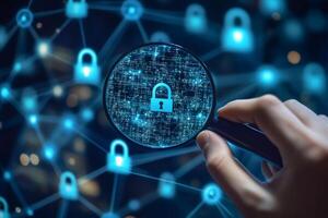 Cybersecurity expert analyzing network security with magnifying glass, searching for vulnerabilities photo