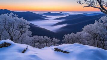 Frosty mountain landscape at sunrise photo