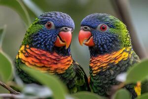 Two rainbow lorikeets interacting on a branch photo