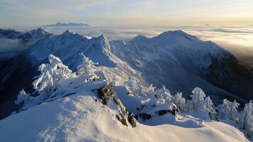 Snowy mountain landscape during sunrise photo