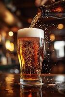 Bartender pouring beer into glass in pub with blurred background photo