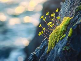 Bright moss grows on a rocky surface photo