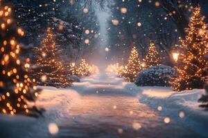 Snow falling on christmas trees decorated with string lights along a path photo