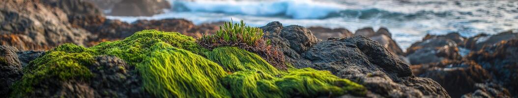 Lush green moss on rocky coastline photo