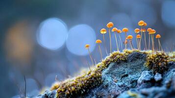 Tiny mushrooms grow on mossy rocks photo