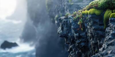 Moss-covered cliffside overlooking ocean waves photo