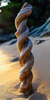 Twisted driftwood standing on sandy shore photo
