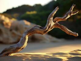 Unique driftwood piece on sandy beach photo