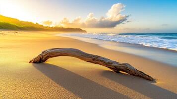 A driftwood log on the beach at sunset photo