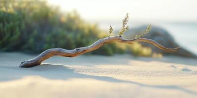 Beautiful driftwood on sandy beach at sunset photo