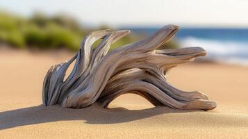 A driftwood log on the beach by the ocean photo