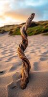 A driftwood sculpture on the beach at sunset photo