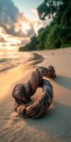 Twisted rope on a tranquil beach at sunset photo