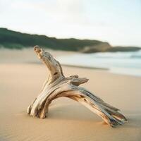 Driftwood resting on the sandy shore photo