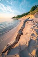 A driftwood tree on the beach at sunset photo
