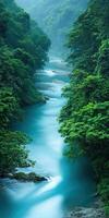 Majestic river flowing through lush forest photo
