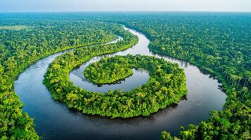 Serpentine river winding through lush forest photo