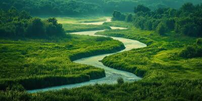 Serene winding river in lush green valley photo