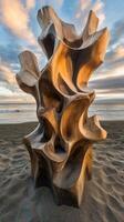 Unique wooden sculpture on sandy beach photo