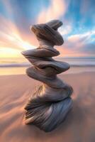 Unique rock formation at sunset on beach photo
