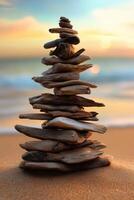 Stacked driftwood formation at sunset photo