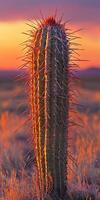 Sunset glow on a tall cactus in desert photo