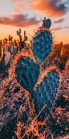 A cactus plant with a sunset in the background photo