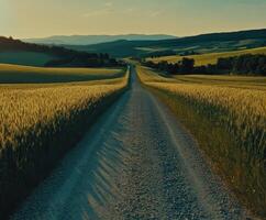 Golden wheat fields stretch across the landscape photo