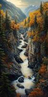 A painting of a river flowing through a rocky canyon photo