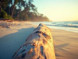 A log on the beach at sunset photo