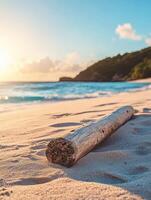 Wooden log on the beach at sunset photo