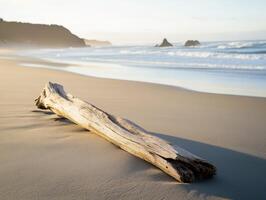 A driftwood log on the beach at sunset photo