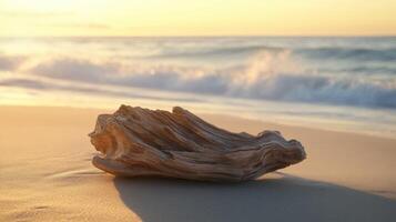 A driftwood log on the beach at sunset photo