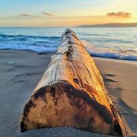 A log on the beach at sunset photo