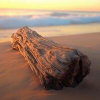 A log on the beach at sunset photo